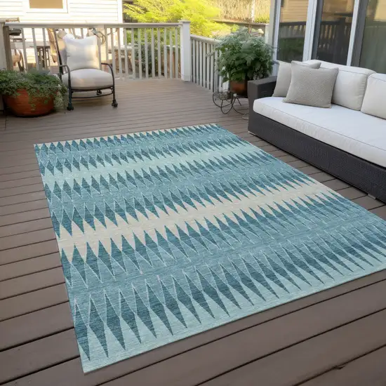 Teal Blue Aqua And Ivory Striped Washable Indoor Outdoor Area Rug Photo 9