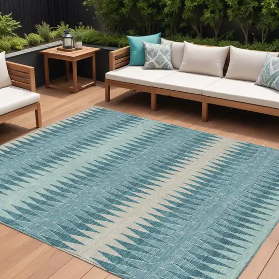Teal Blue Aqua And Ivory Striped Washable Indoor Outdoor Area Rug Photo 1