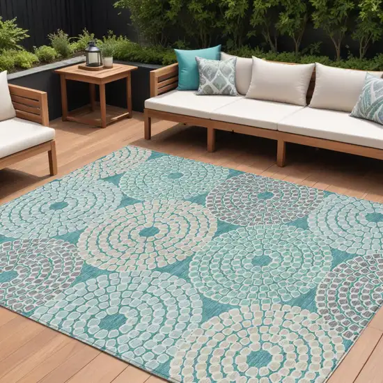 Teal Blue Beige And Gray Geometric Washable Indoor Outdoor Area Rug Photo 1