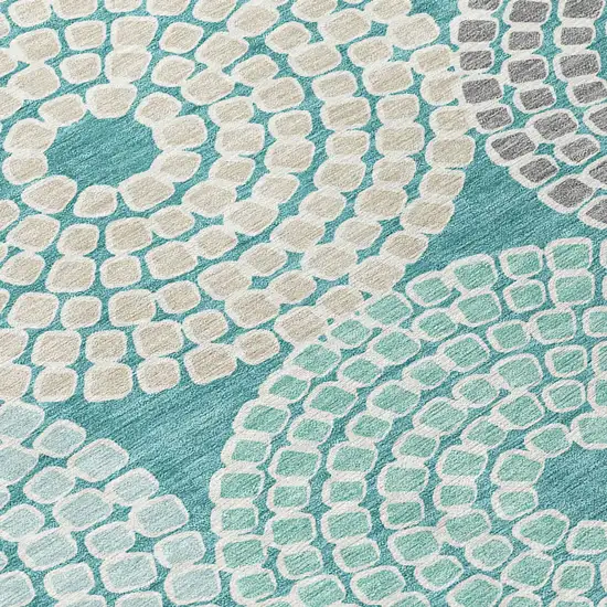 Teal Blue Beige And Gray Geometric Washable Indoor Outdoor Area Rug Photo 6
