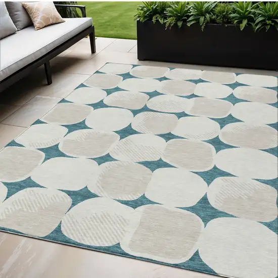 Teal Blue Beige And Ivory Abstract Washable Indoor Outdoor Area Rug Photo 1