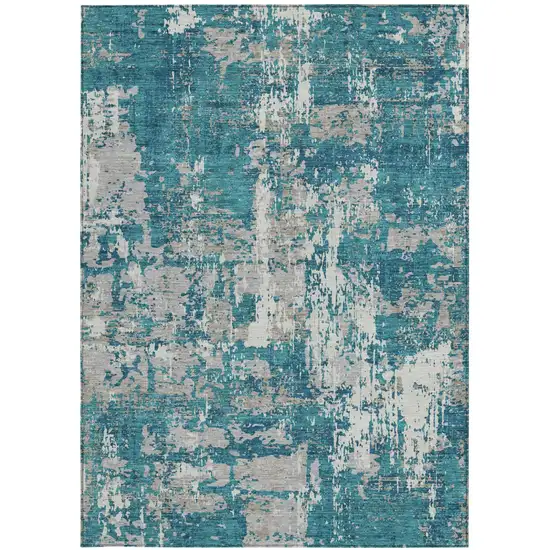 Teal Blue Gray And Ivory Abstract Washable Indoor Outdoor Area Rug Photo 5