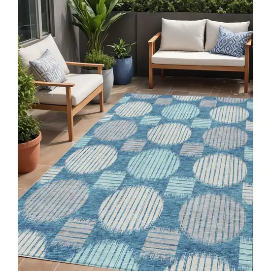 Teal Blue Gray And Ivory Geometric Washable Indoor Outdoor Area Rug Photo 1