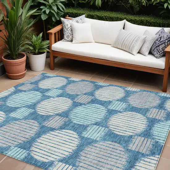 Teal Blue Gray And Ivory Geometric Washable Indoor Outdoor Area Rug Photo 1