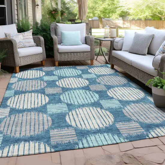 Teal Blue Gray And Ivory Geometric Washable Indoor Outdoor Area Rug Photo 9