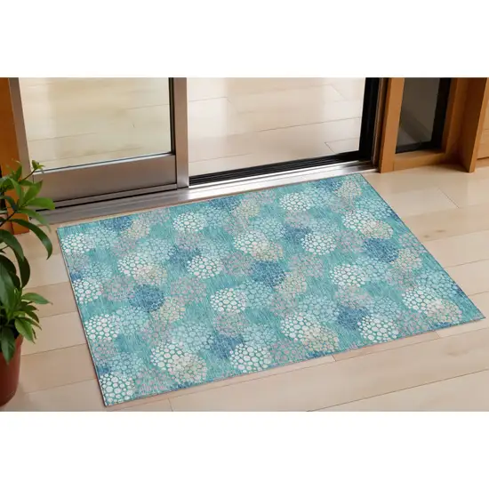 Teal Blue Gray And Ivory Polka Dot Washable Indoor Outdoor Area Rug Photo 1