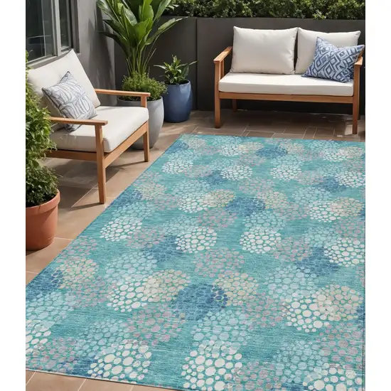 Teal Blue Gray And Ivory Polka Dot Washable Indoor Outdoor Area Rug Photo 1