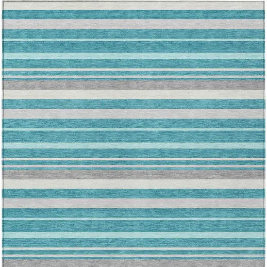 Teal Blue Gray And Ivory Striped Washable Indoor Outdoor Area Rug Photo 6