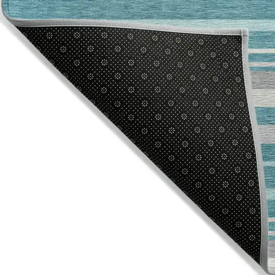 Teal Blue Gray And Ivory Striped Washable Indoor Outdoor Area Rug Photo 4