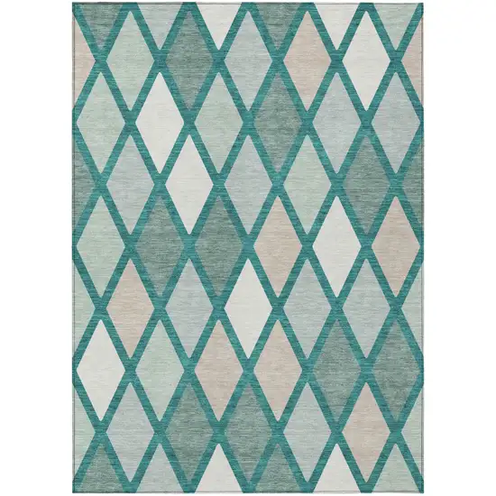 Teal Blue Ivory And Beige Geometric Washable Indoor Outdoor Area Rug Photo 2
