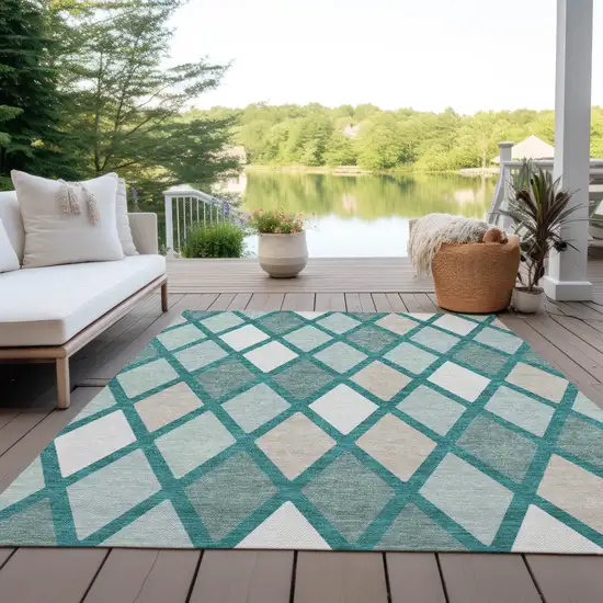 Teal Blue Ivory And Beige Geometric Washable Indoor Outdoor Area Rug Photo 8