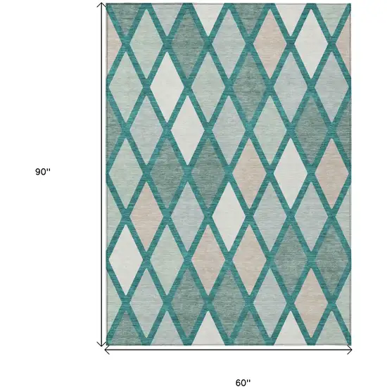 Teal Blue Ivory And Beige Geometric Washable Indoor Outdoor Area Rug Photo 3