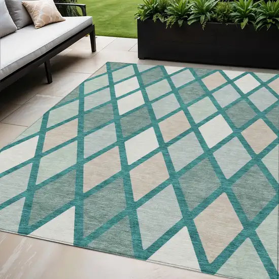Teal Blue Ivory And Beige Geometric Washable Indoor Outdoor Area Rug Photo 1