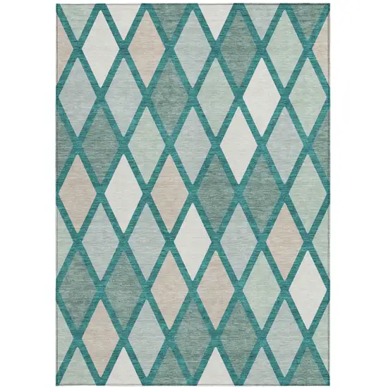 Teal Blue Ivory And Beige Geometric Washable Indoor Outdoor Area Rug Photo 7