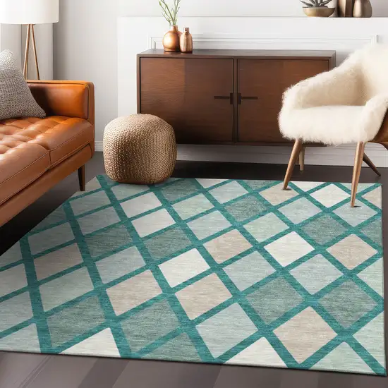 Teal Blue Ivory And Beige Geometric Washable Indoor Outdoor Area Rug Photo 9