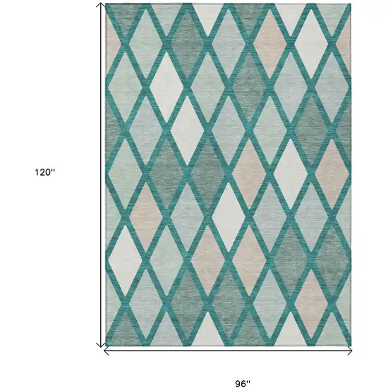 Teal Blue Ivory And Beige Geometric Washable Indoor Outdoor Area Rug Photo 3