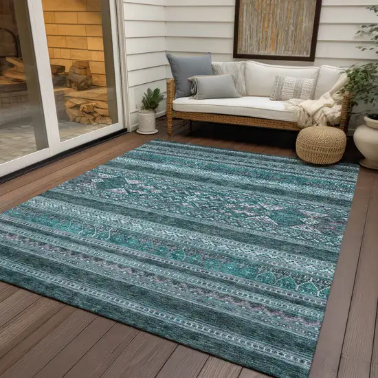 Teal Blue Ivory And Gray Southwestern Washable Indoor Outdoor Area Rug Photo 6