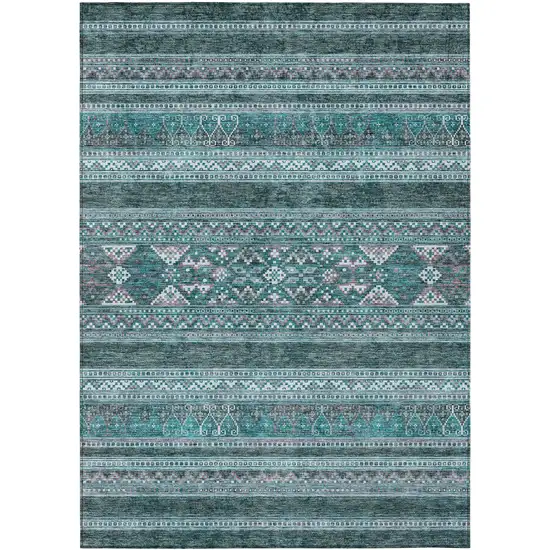 Teal Blue Ivory And Gray Southwestern Washable Indoor Outdoor Area Rug Photo 1