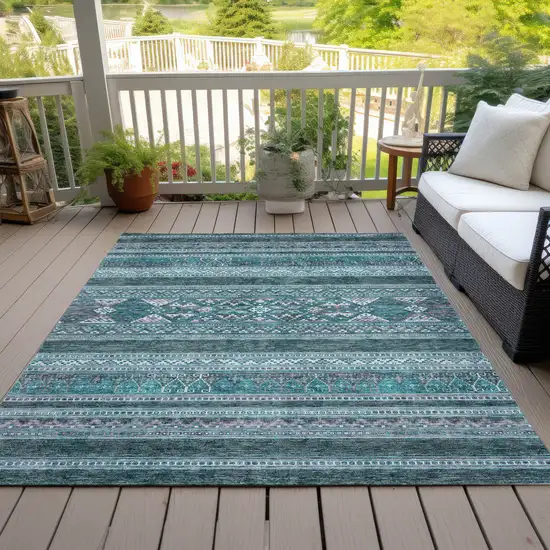 Teal Blue Ivory And Gray Southwestern Washable Indoor Outdoor Area Rug Photo 9