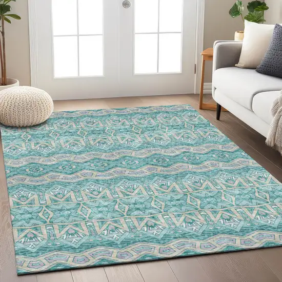 Teal Blue Purple And Gray Moroccan Washable Indoor Outdoor Area Rug Photo 9