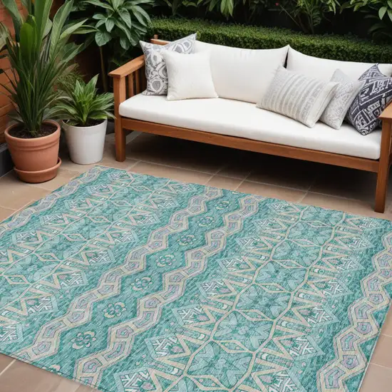 Teal Blue Purple And Gray Moroccan Washable Indoor Outdoor Area Rug Photo 1