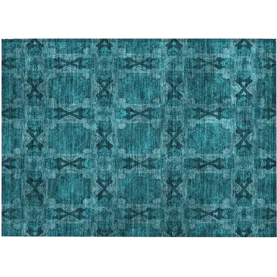 Teal Floral Medallion Washable Non Skid Indoor Outdoor Area Rug Photo 2