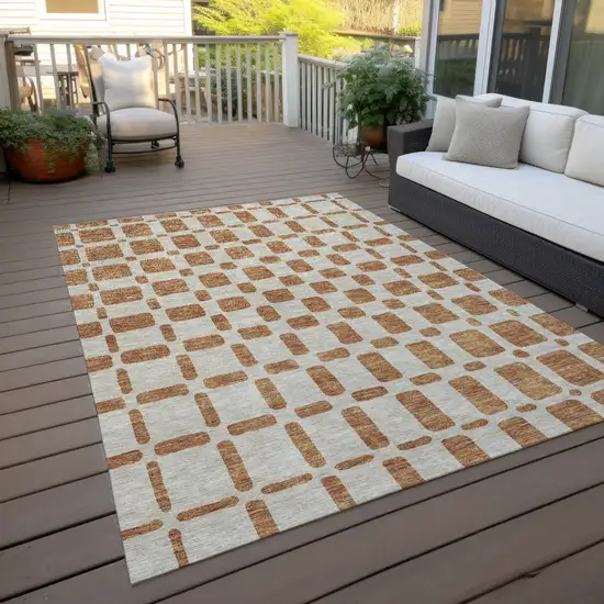 Terra Cotta And Beige Geometric Washable Indoor Outdoor Area Rug Photo 9