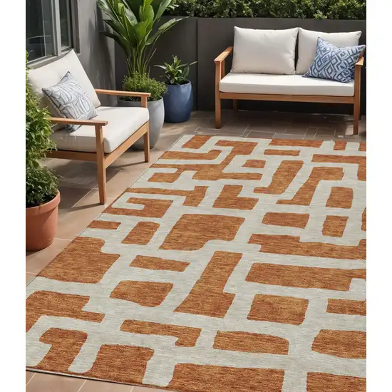 Terra Cotta And Gray Abstract Washable Indoor Outdoor Area Rug Photo 1