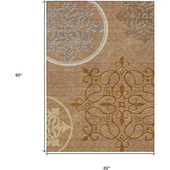 Terra Cotta Gold And Gray Floral Medallion Washable Indoor Outdoor Area Rug Photo 3