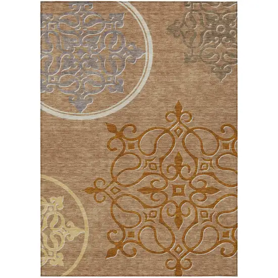 Terra Cotta Gold And Gray Floral Medallion Washable Indoor Outdoor Area Rug Photo 2