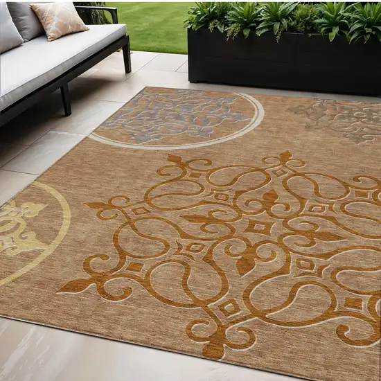 Terra Cotta Gold And Gray Floral Medallion Washable Indoor Outdoor Area Rug Photo 1