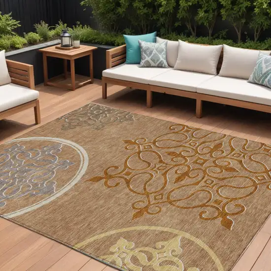 Terra Cotta Gold And Gray Floral Medallion Washable Indoor Outdoor Area Rug Photo 1