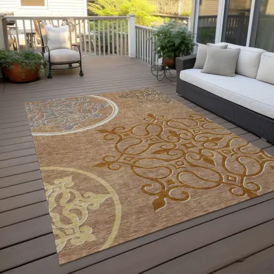Terra Cotta Gold And Gray Floral Medallion Washable Indoor Outdoor Area Rug Photo 8