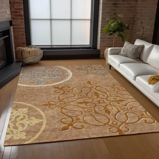 Terra Cotta Gold And Gray Floral Medallion Washable Indoor Outdoor Area Rug Photo 9
