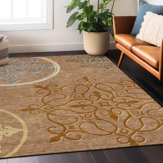 Terra Cotta Gold And Gray Floral Medallion Washable Indoor Outdoor Area Rug Photo 9
