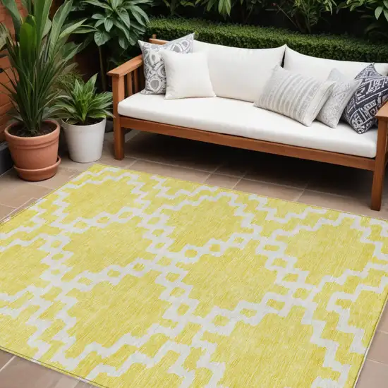 Yellow And Ivory Geometric Washable Indoor Outdoor Area Rug Photo 1