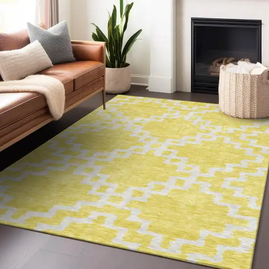 Yellow And Ivory Geometric Washable Indoor Outdoor Area Rug Photo 9
