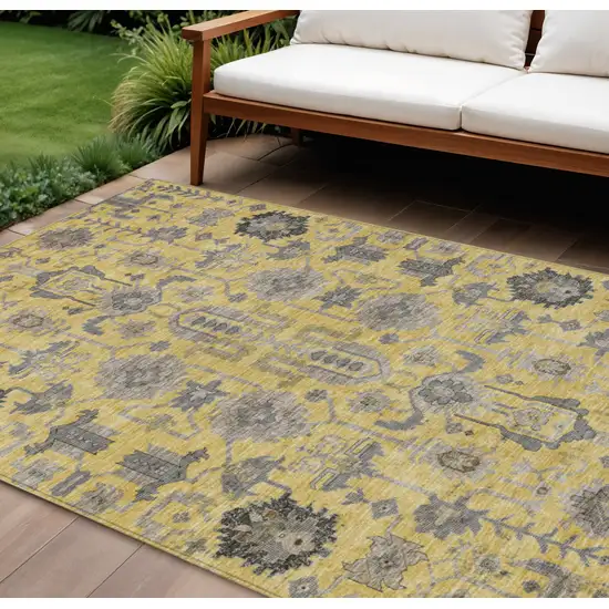 Yellow Gray And Charcoal Oriental Washable Indoor Outdoor Area Rug Photo 1
